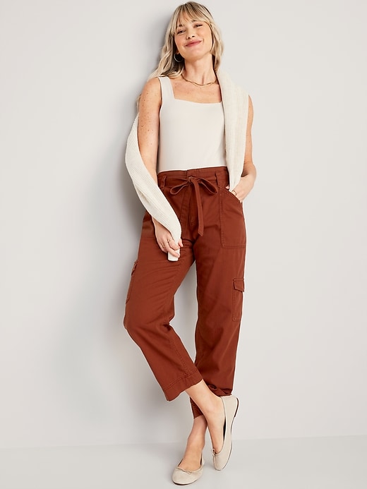Image number 3 showing, High-Waisted Tie-Belt Cargo Straight Workwear Ankle Pants