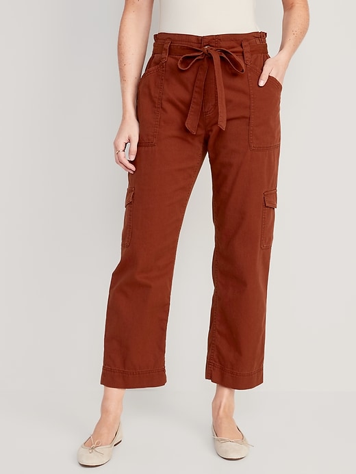 Image number 1 showing, High-Waisted Tie-Belt Cargo Straight Workwear Ankle Pants