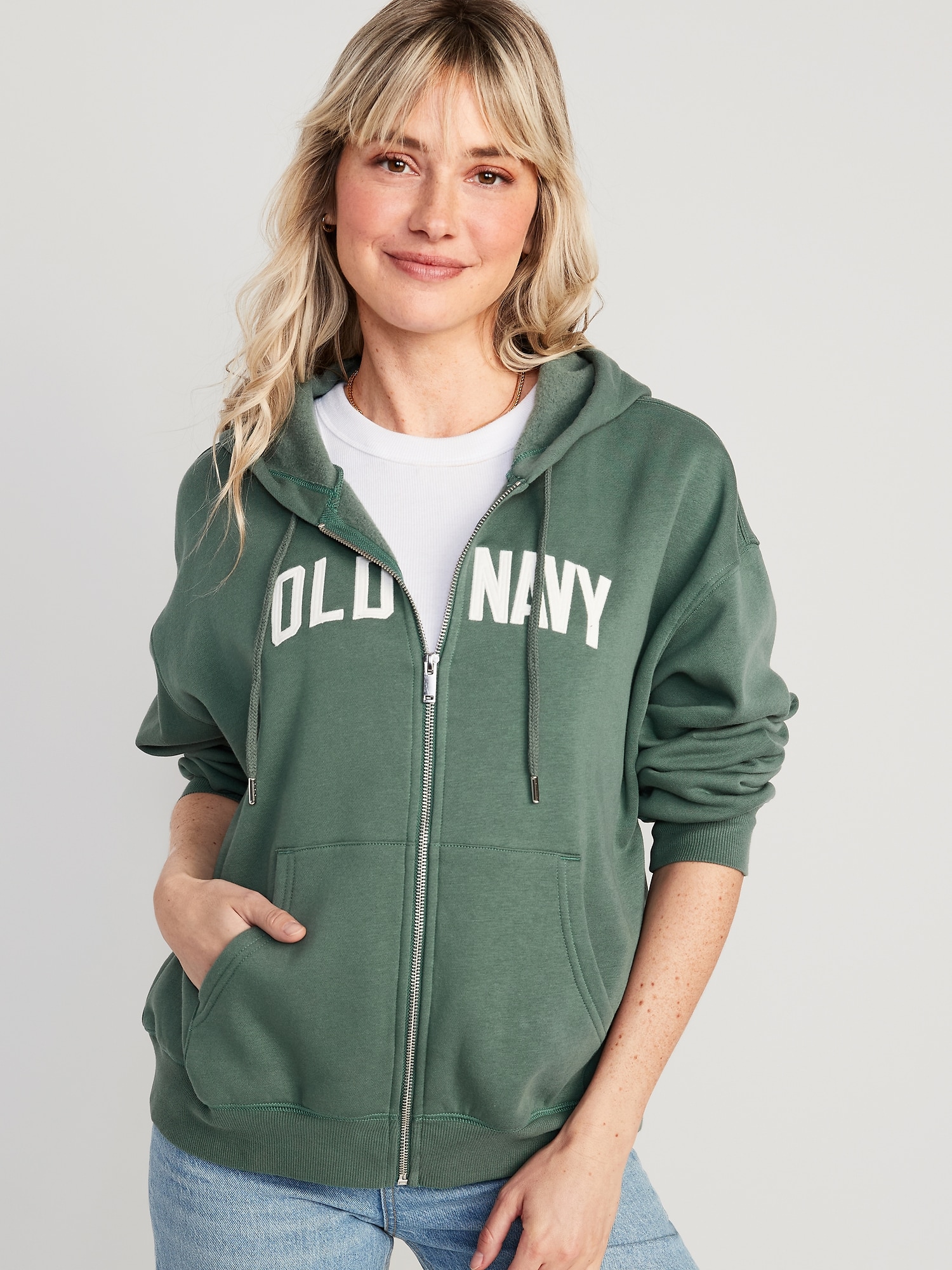 Old Navy Slouchy Logo Graphic Full-Zip Hoodie for Women green. 1