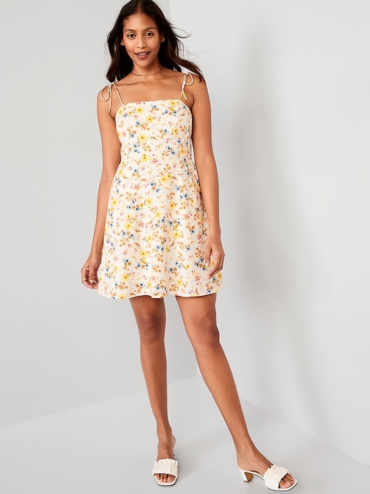 Image number 1 showing, Fit & Flare Tie-Strap Linen-Blend Floral Mini Dress