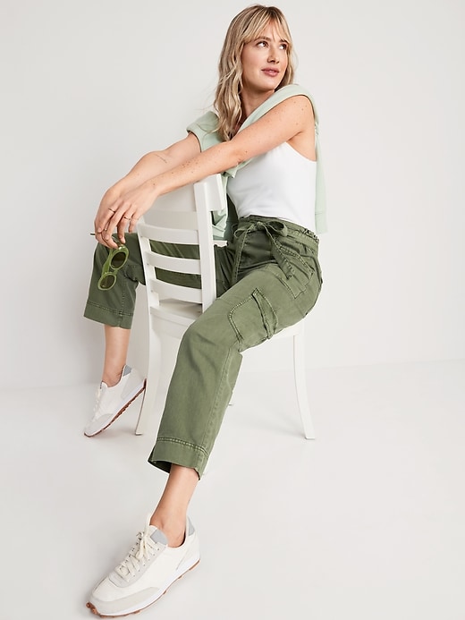 Image number 3 showing, High-Waisted Tie-Belt Cargo Straight Workwear Ankle Pants