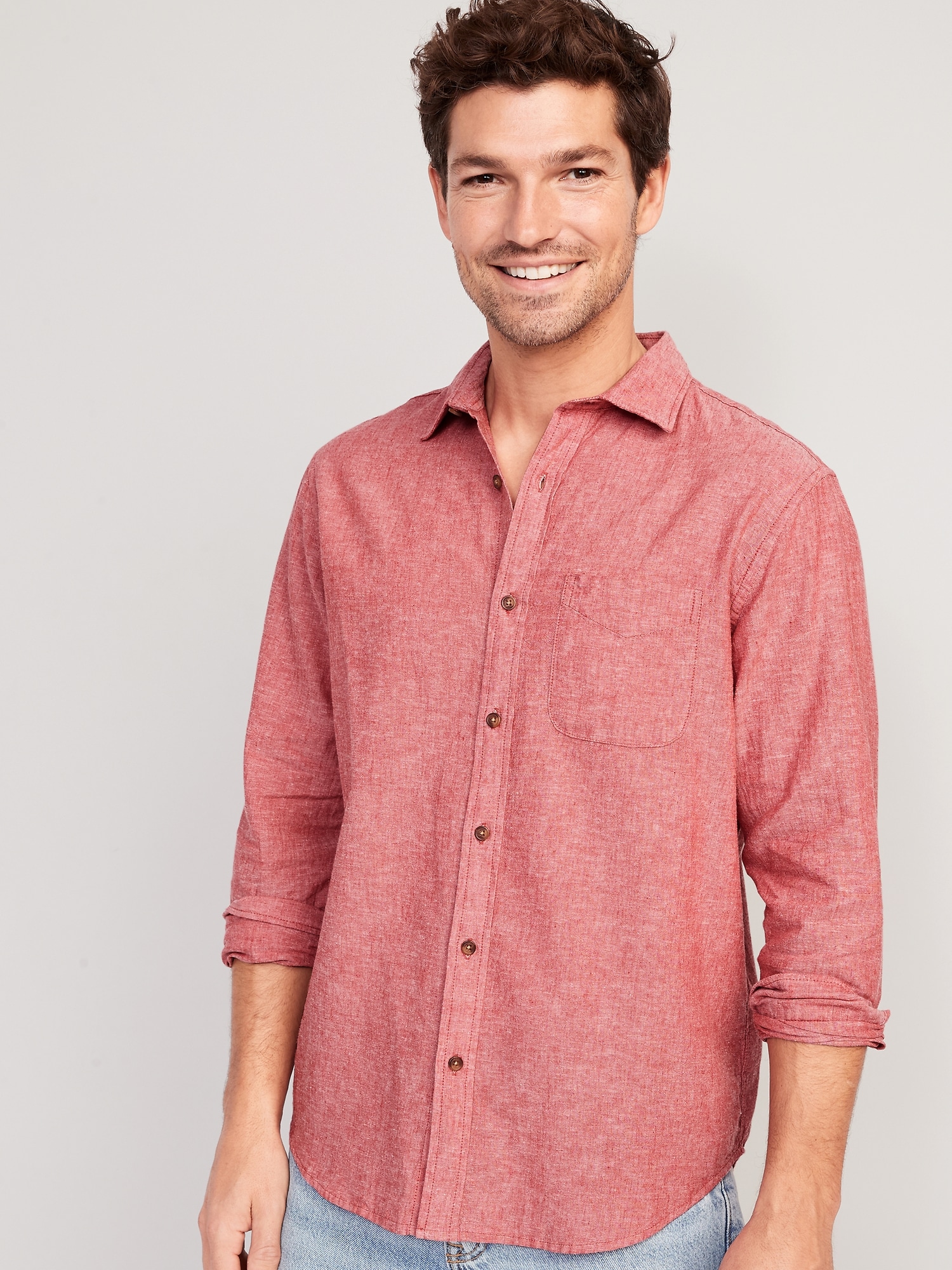 Old Navy Regular-Fit Everyday Non-Stretch Linen-Blend Shirt for Men red. 1