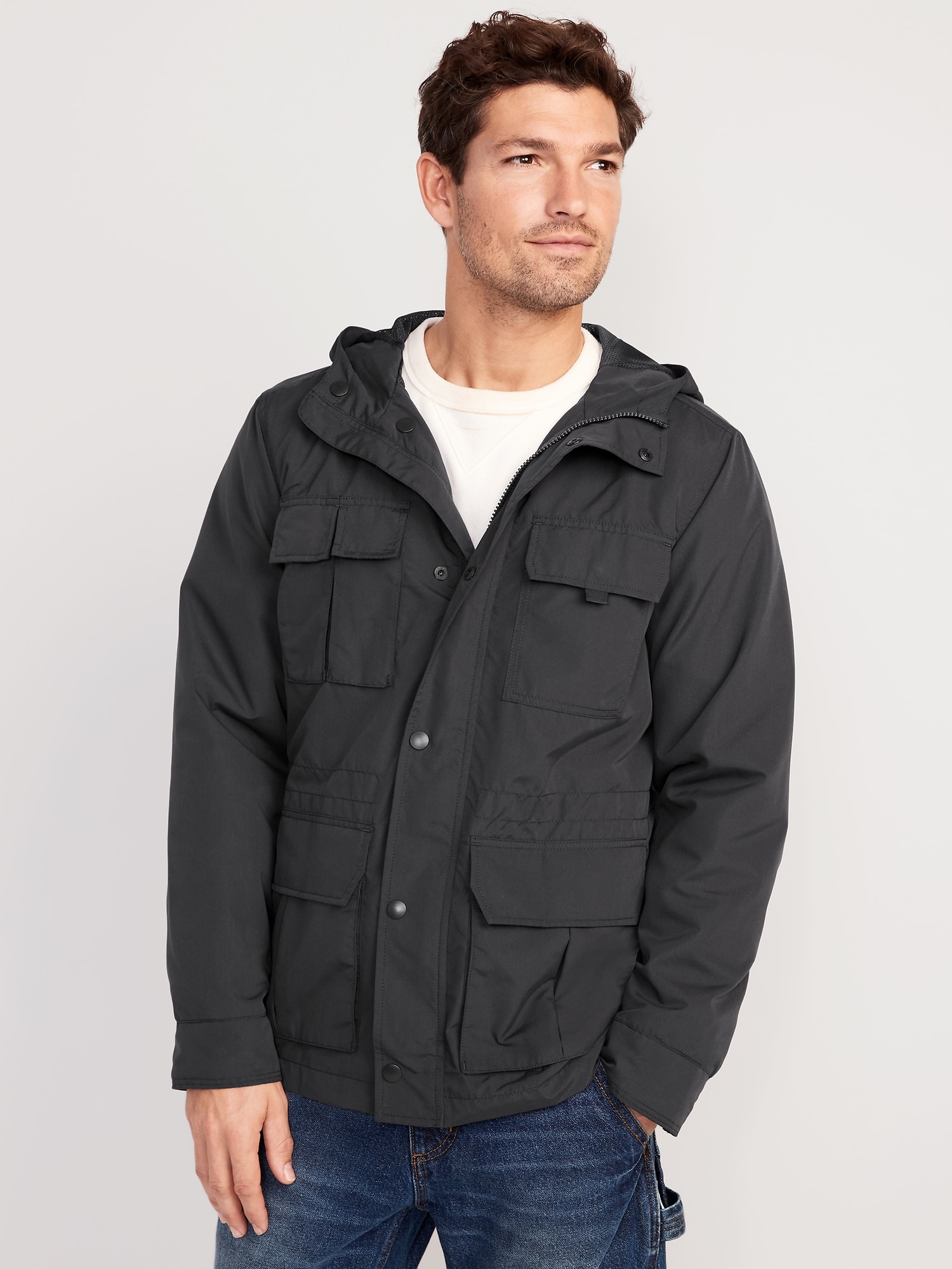 Old Navy Water-Resistant Hooded Utility-Pocket Jacket for Men black. 1