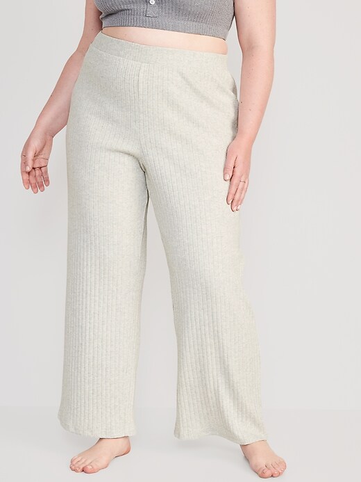 Image number 7 showing, High-Waisted Rib-Knit Wide-Leg Pajama Pants
