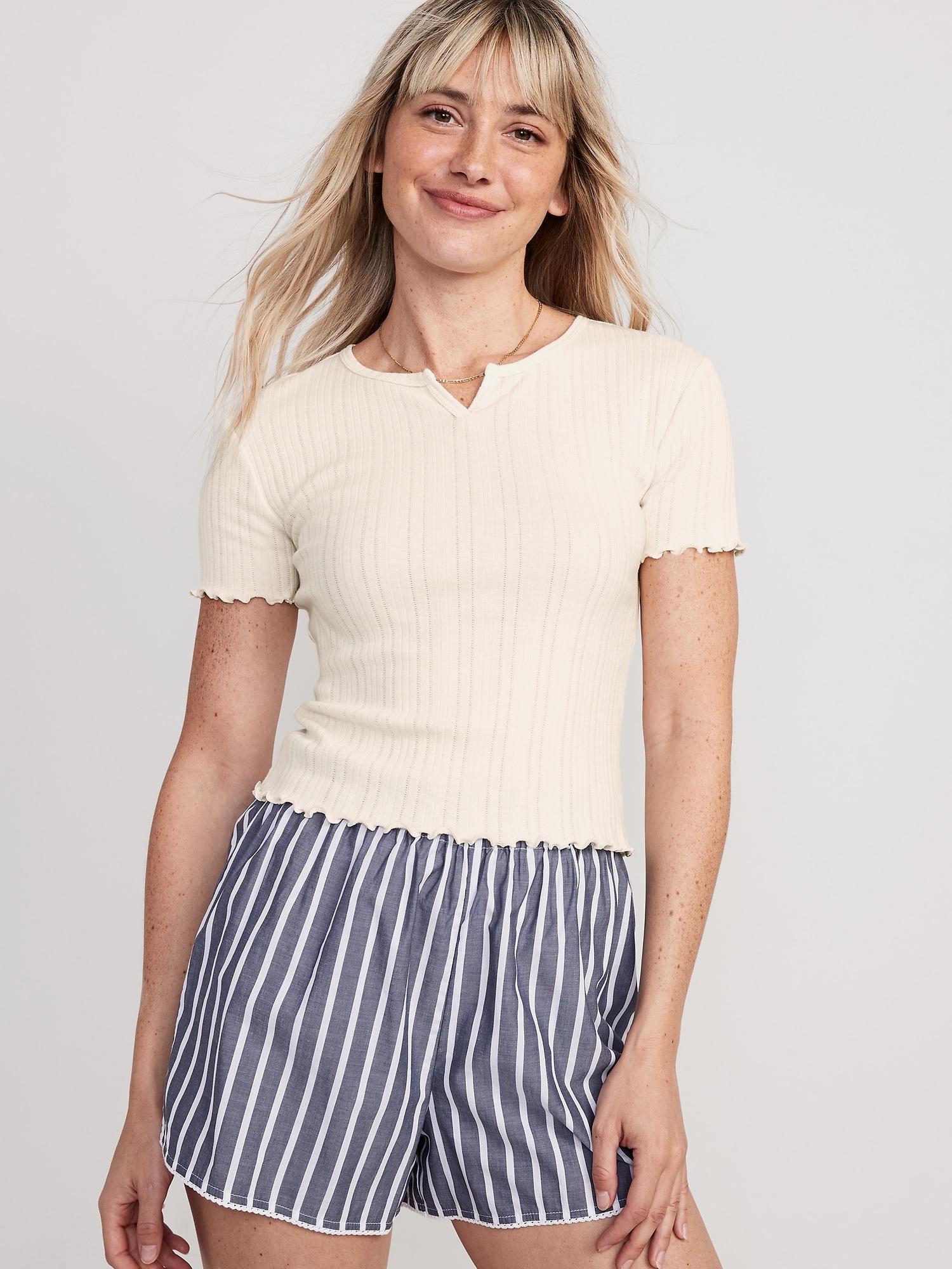 Old Navy Split-Neck Pointelle-Knit Pajama T-Shirt for Women white. 1