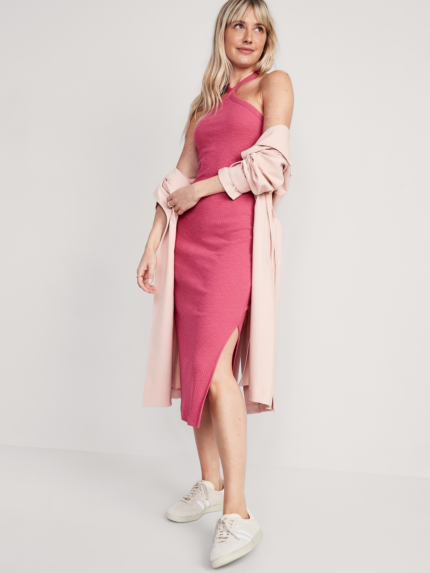 Cream and pink block printed midi dress by Rira | The Secret Label