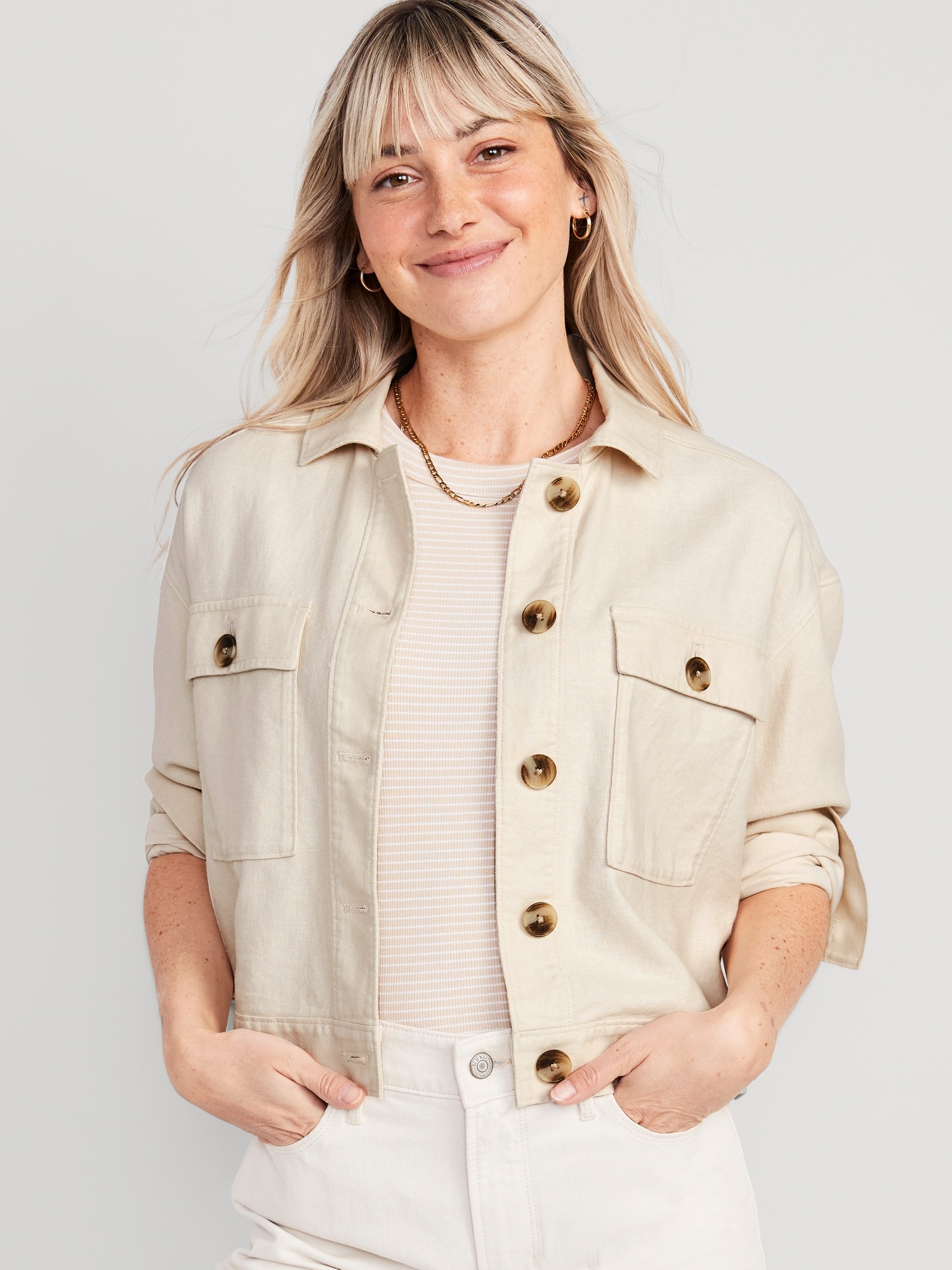 Old Navy Linen-Blend Cropped Utility Jacket for Women beige. 1