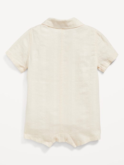 View large product image 2 of 2. Short-Sleeve Textured-Dobby Utility Romper for Baby