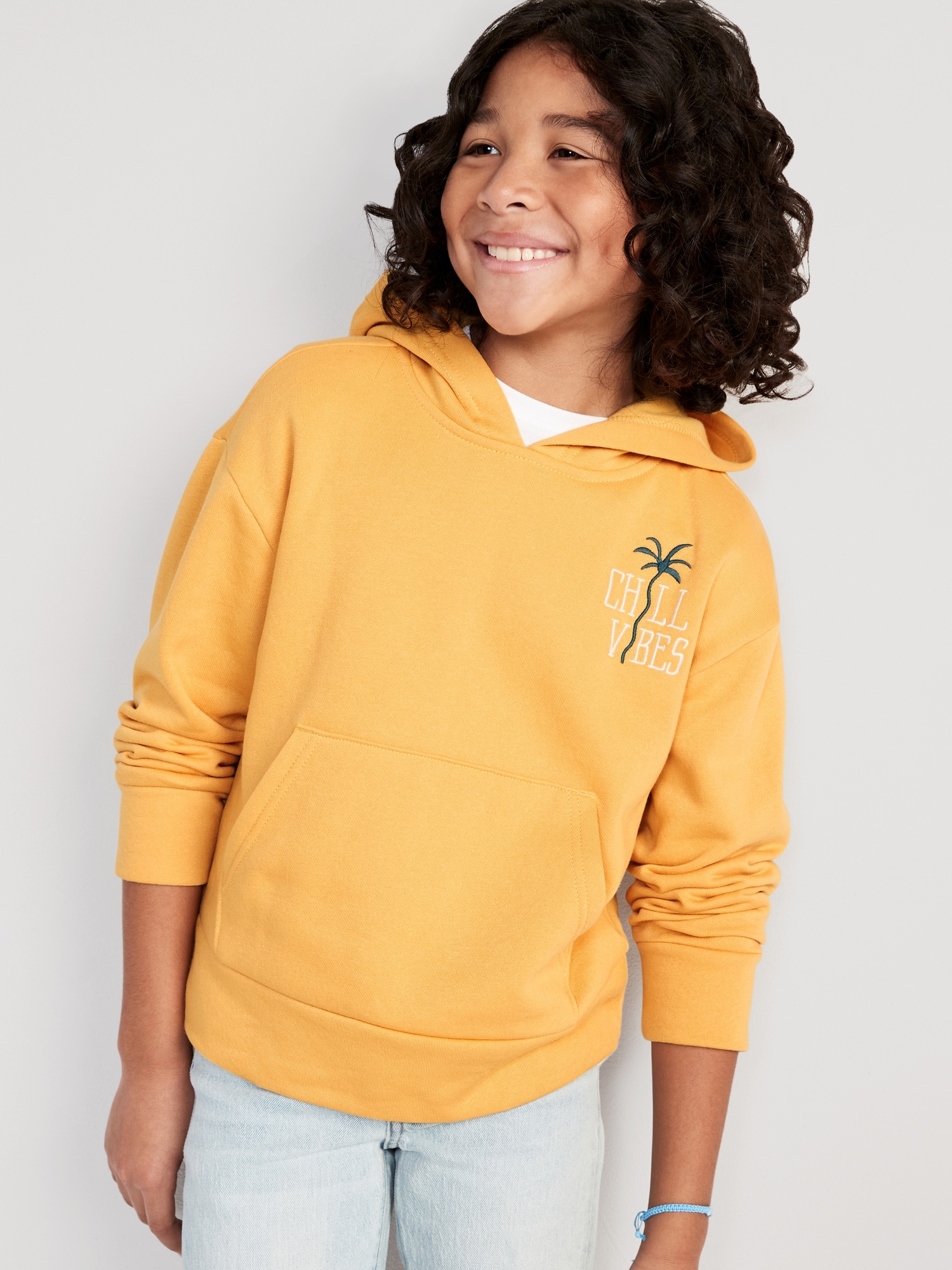 Old Navy Gender-Neutral Embroidered-Graphic Pullover Hoodie for Kids yellow. 1