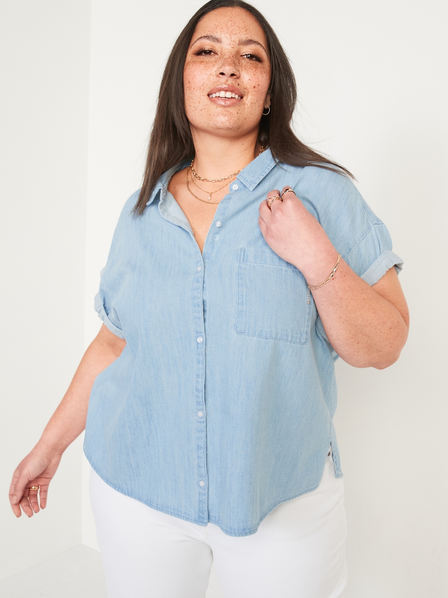 Short-Sleeve Oversized Jean Shirt for Women