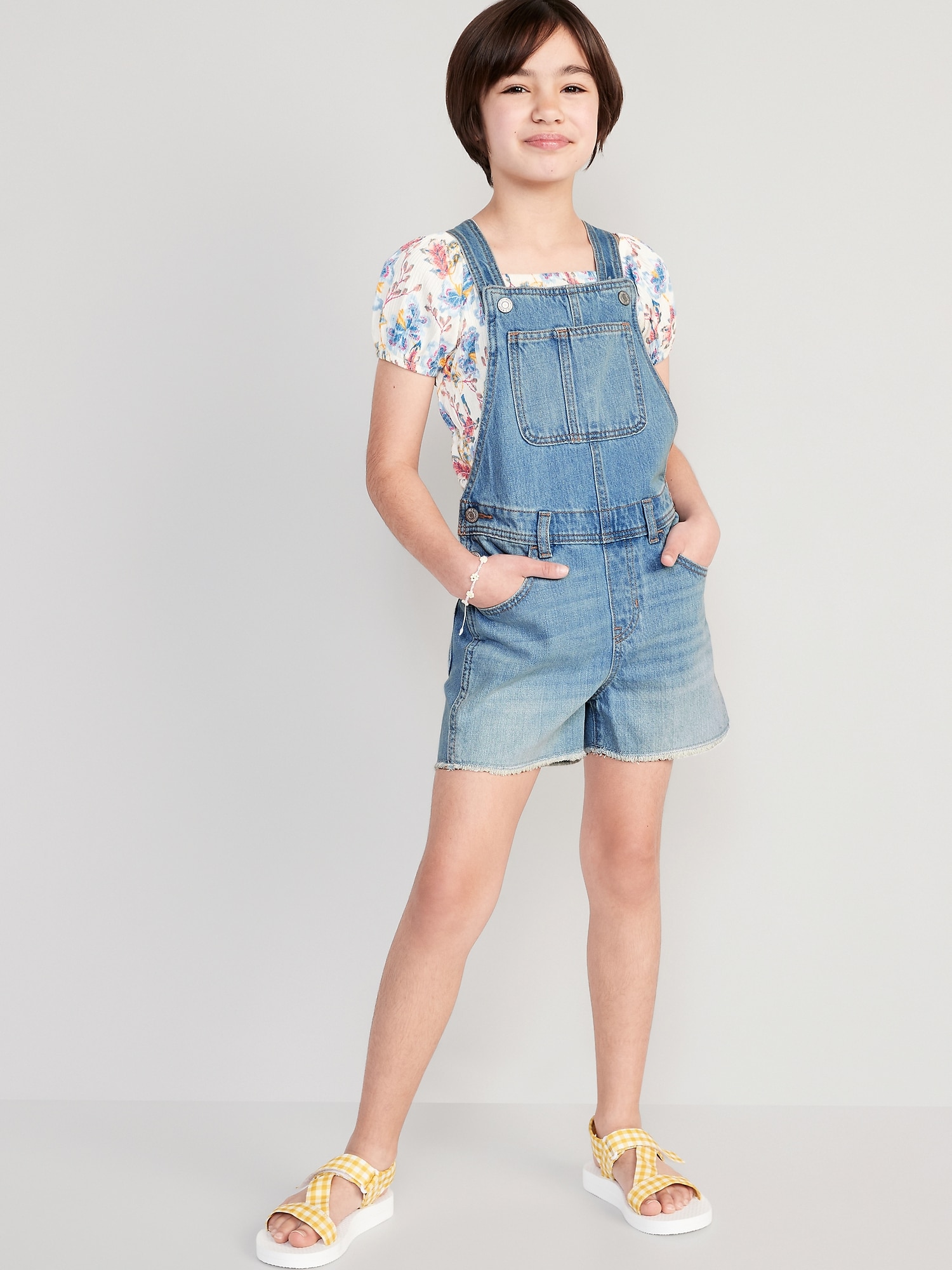 Old Navy Non-Stretch Jean Cut-Off Shortalls for Girls blue. 1