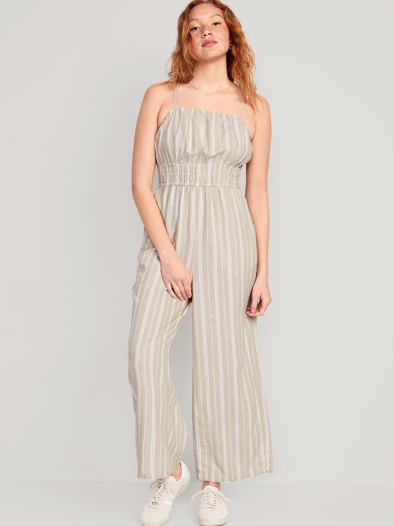 Oldnavy Striped Linen-Blend Cropped Smocked Cami Wide-Leg Jumpsuit for Women