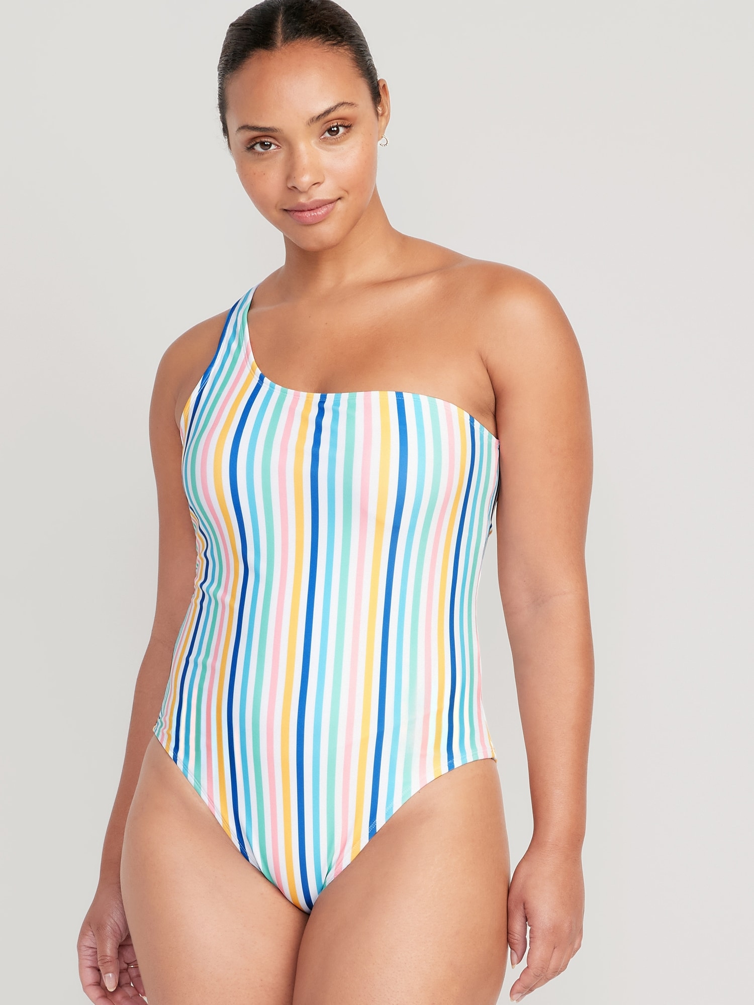 High Leg One-shoulder Swimsuit - Bright blue/striped - Ladies