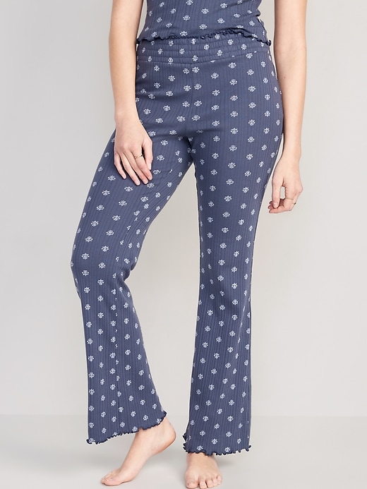 Image number 1 showing, High-Waisted Pointelle-Knit Boot-Cut Pajama Pants
