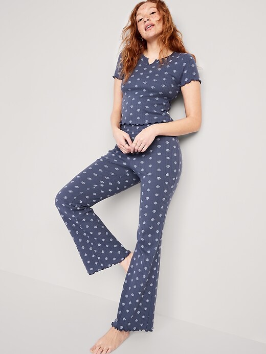 Image number 3 showing, High-Waisted Pointelle-Knit Boot-Cut Pajama Pants