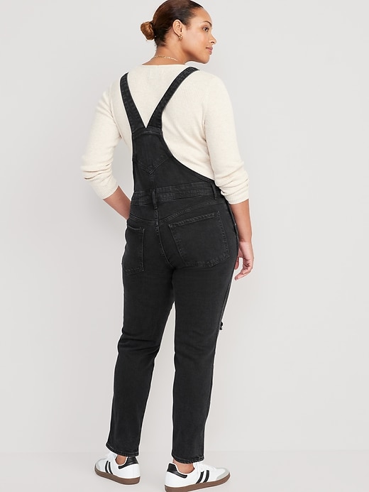 Image number 6 showing, OG Straight Black-Wash Ripped Jean Overalls for Women