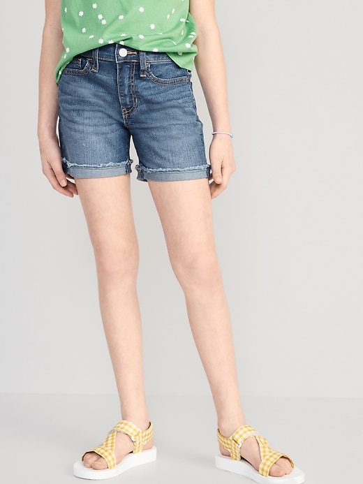 View large product image 1 of 3. High-Waisted Button-Fly Ripped Jean Midi Shorts for Girls