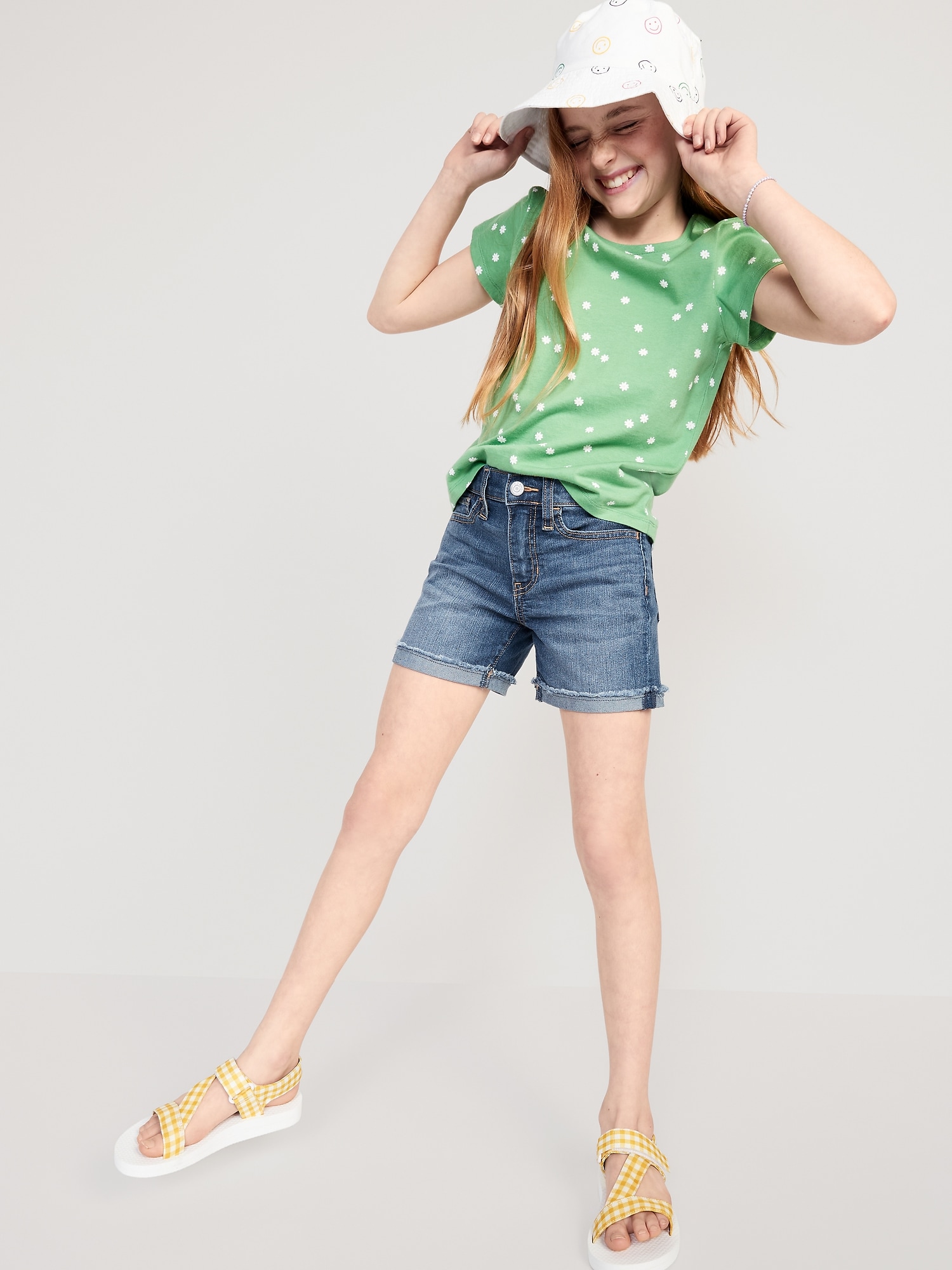 High-Waisted Roll-Cuffed Jean Midi Shorts for Girls