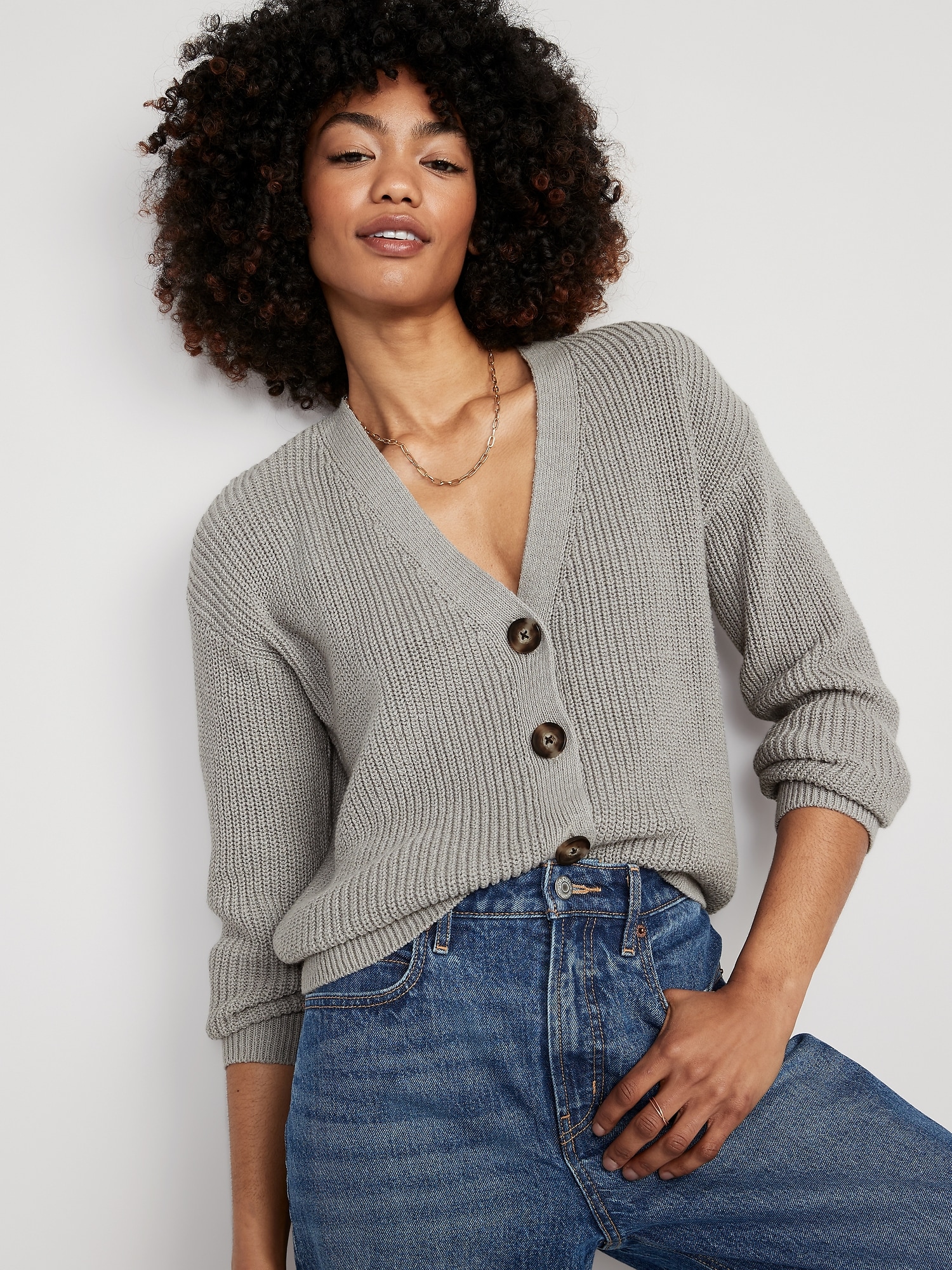 Shaker-Stitch Cardigan Sweater
