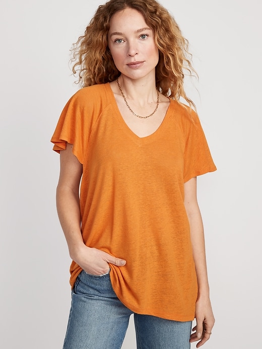 Image number 1 showing, Oversized V-Neck Linen-Blend Tunic T-Shirt