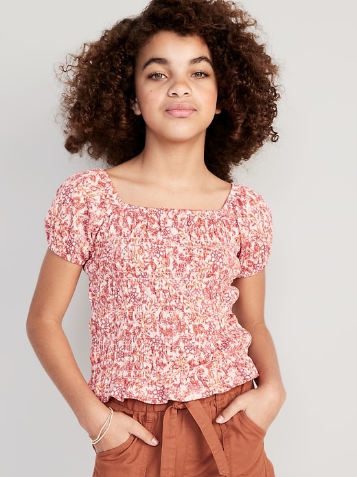View large product image 1 of 4. Printed Puckered-Jacquard Knit Smocked Top for Girls