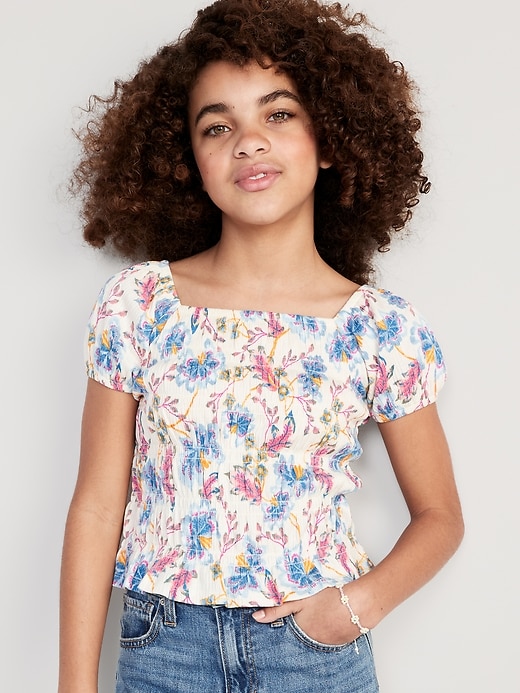 View large product image 1 of 4. Printed Puckered-Jacquard Knit Smocked Top for Girls