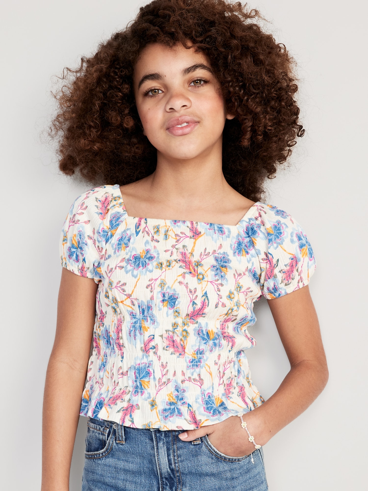 Old Navy - Printed Puckered-Jacquard Knit Smocked Top for Girls multi