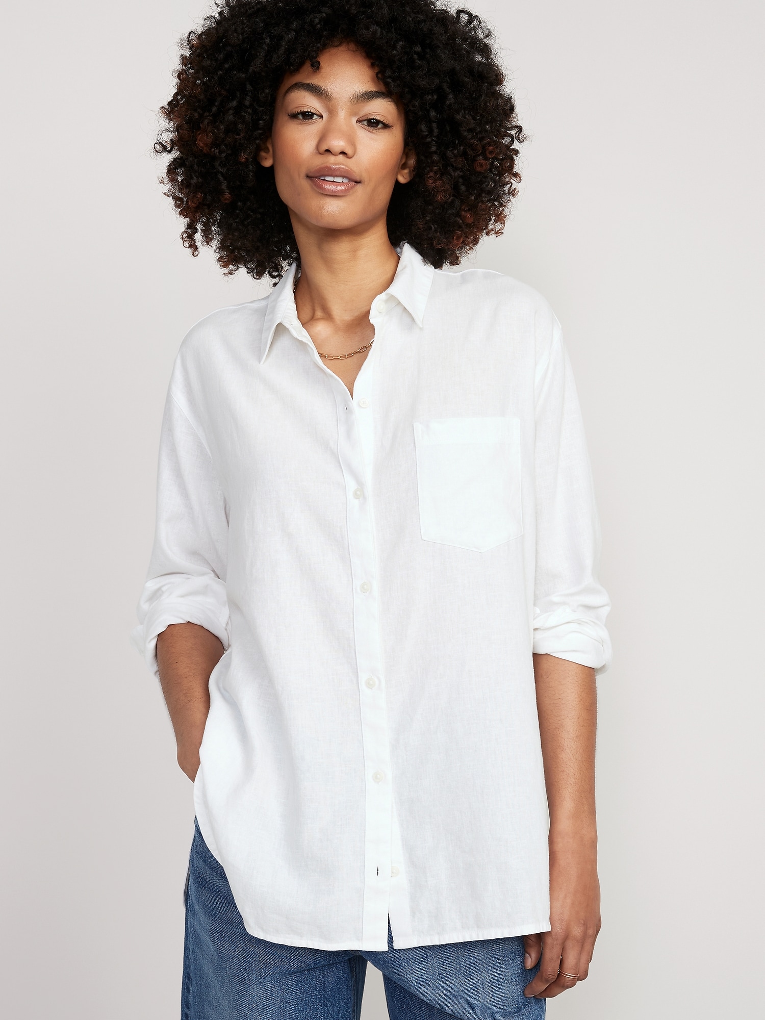 Women's Oversized Linen Blend Button-Through Shirt, Women's Tops