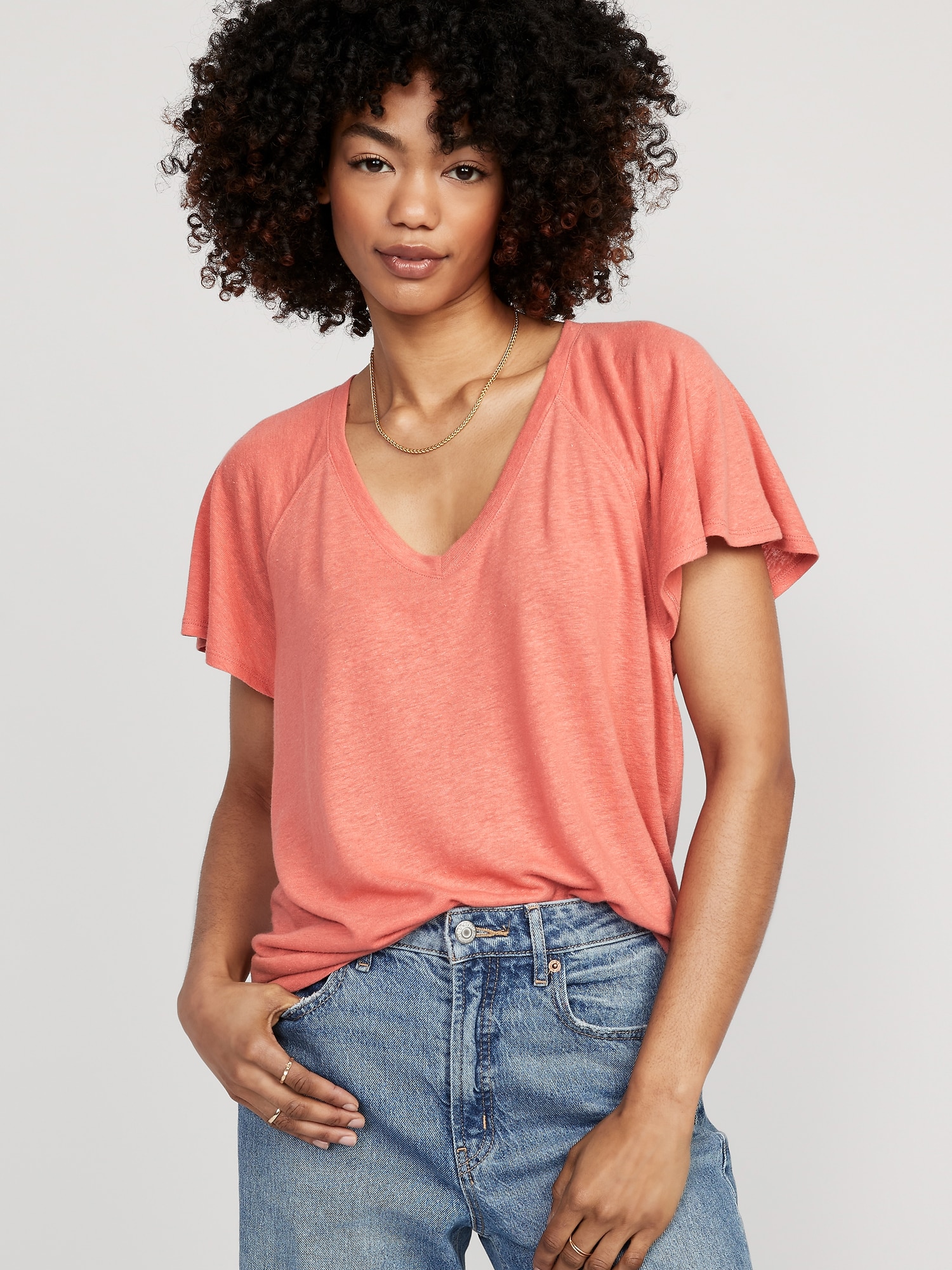 Old Navy Oversized V-Neck Linen-Blend Tunic T-Shirt for Women pink. 1