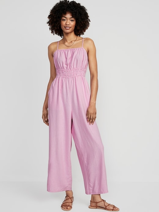 Image number 1 showing, Waist-Defined Linen-Blend Cropped Smocked Cami Jumpsuit