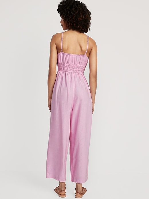 Image number 2 showing, Waist-Defined Linen-Blend Cropped Smocked Cami Jumpsuit