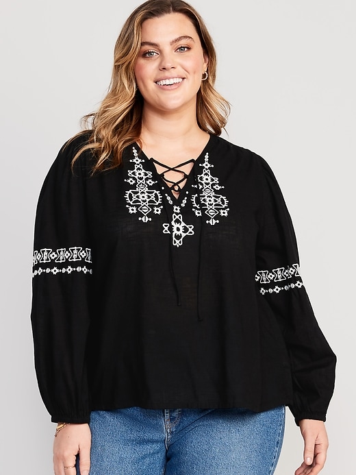 Lace-Up Embroidered Poet Blouse for Women | Old Navy