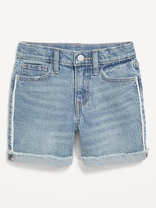 View large product image 1 of 2. High-Waisted Roll-Cuffed Lace-Sides Jean Midi Shorts for Girls