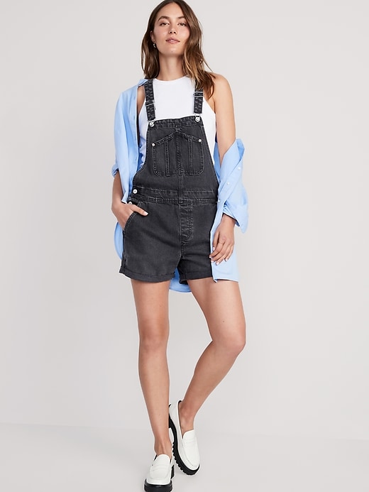 Image number 1 showing, Slouchy Straight Non-Stretch Black Jean Short Overalls -- 3.5-inch inseam