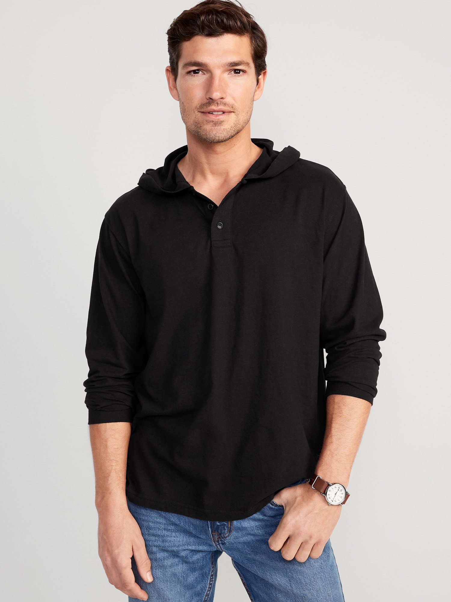 Old Navy Long-Sleeve Jersey Pullover Hoodie for Men black. 1