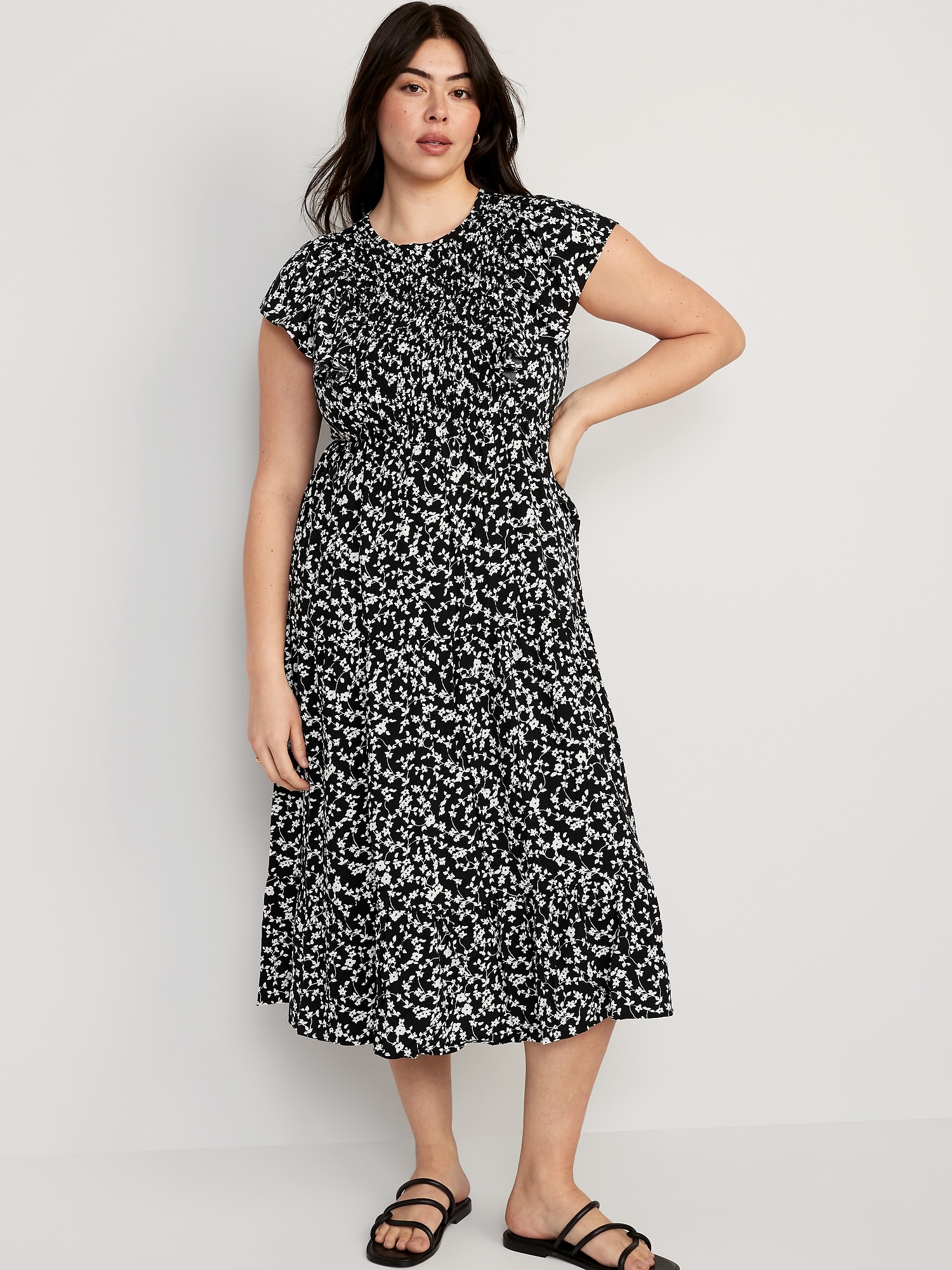 Fit & Flare Flutter-Sleeve Tiered Smocked Midi Dress | Old Navy