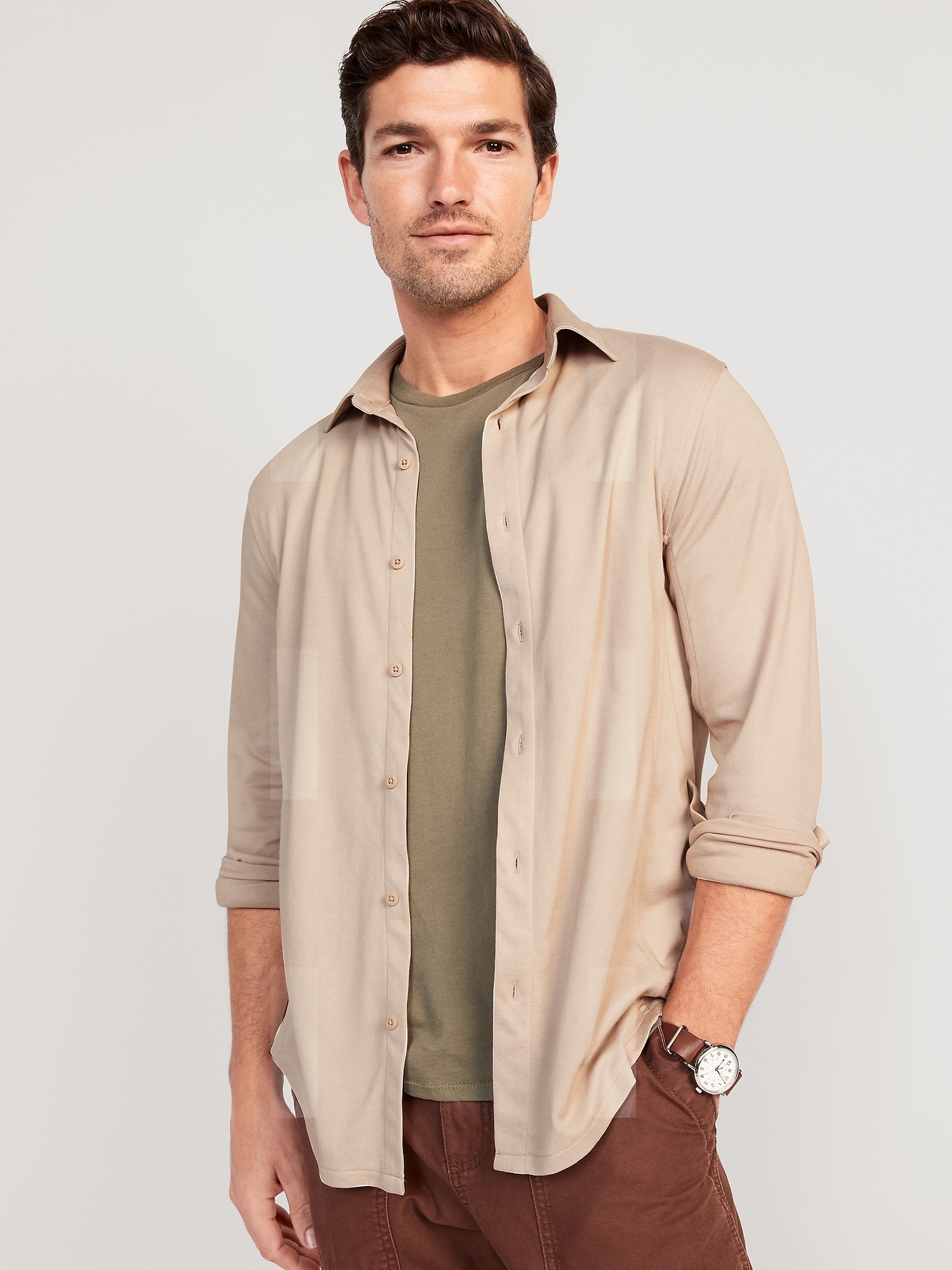 Old Navy Slim-Fit Long-Sleeve Performance Shirt for Men beige. 1
