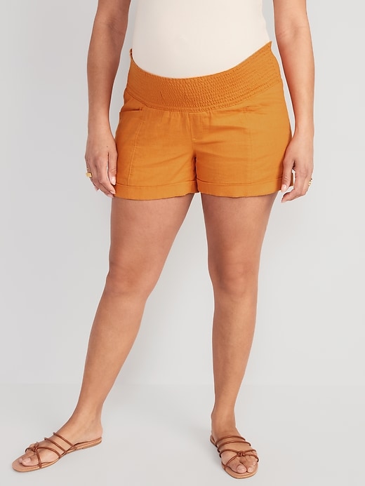 View large product image 1 of 2. Maternity Full Panel Linen-Blend Shorts  -- 3.5-inch inseam