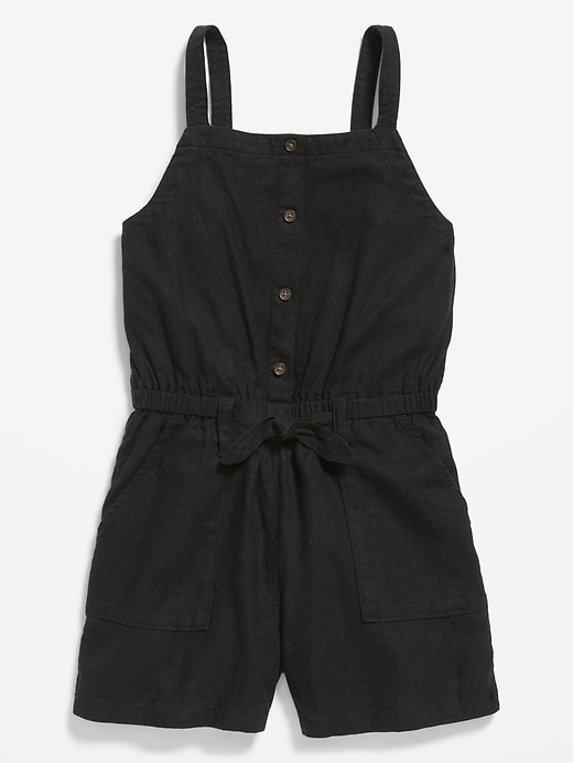 View large product image 1 of 1. Sleeveless Tie-Front Linen-Blend Utility Romper for Girls