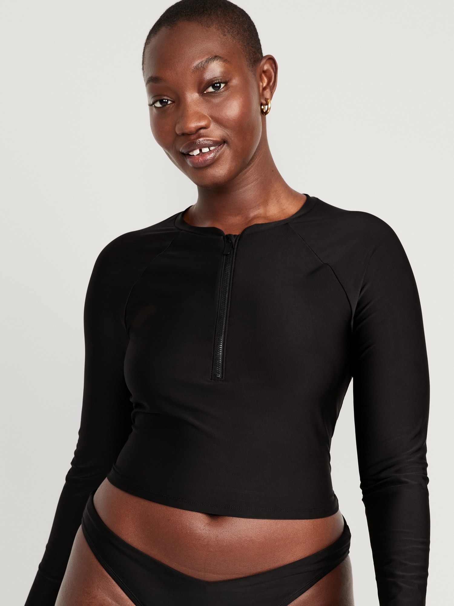 Women Black Swimsuit Crop Top Swim Shirt Rashguard