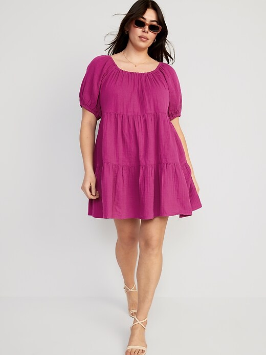 Image number 7 showing, Puff-Sleeve Tiered Mini Swing Dress