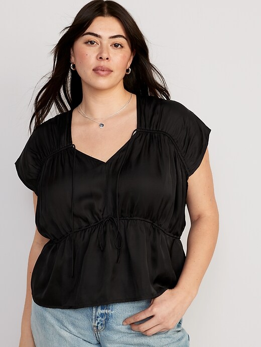 Waist-Defined Satin Shirred Tie-Front Blouse | Old Navy