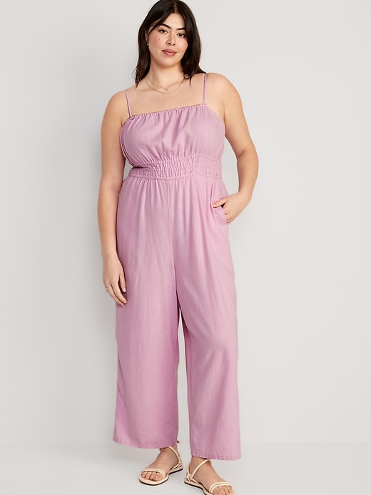 Image number 7 showing, Waist-Defined Linen-Blend Cropped Smocked Cami Jumpsuit