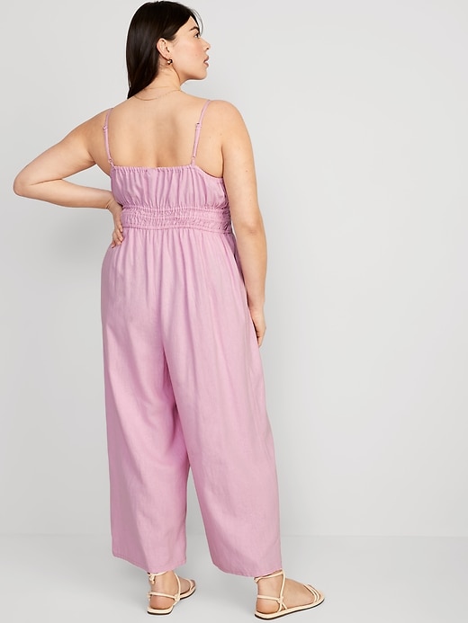 Image number 8 showing, Waist-Defined Linen-Blend Cropped Smocked Cami Jumpsuit