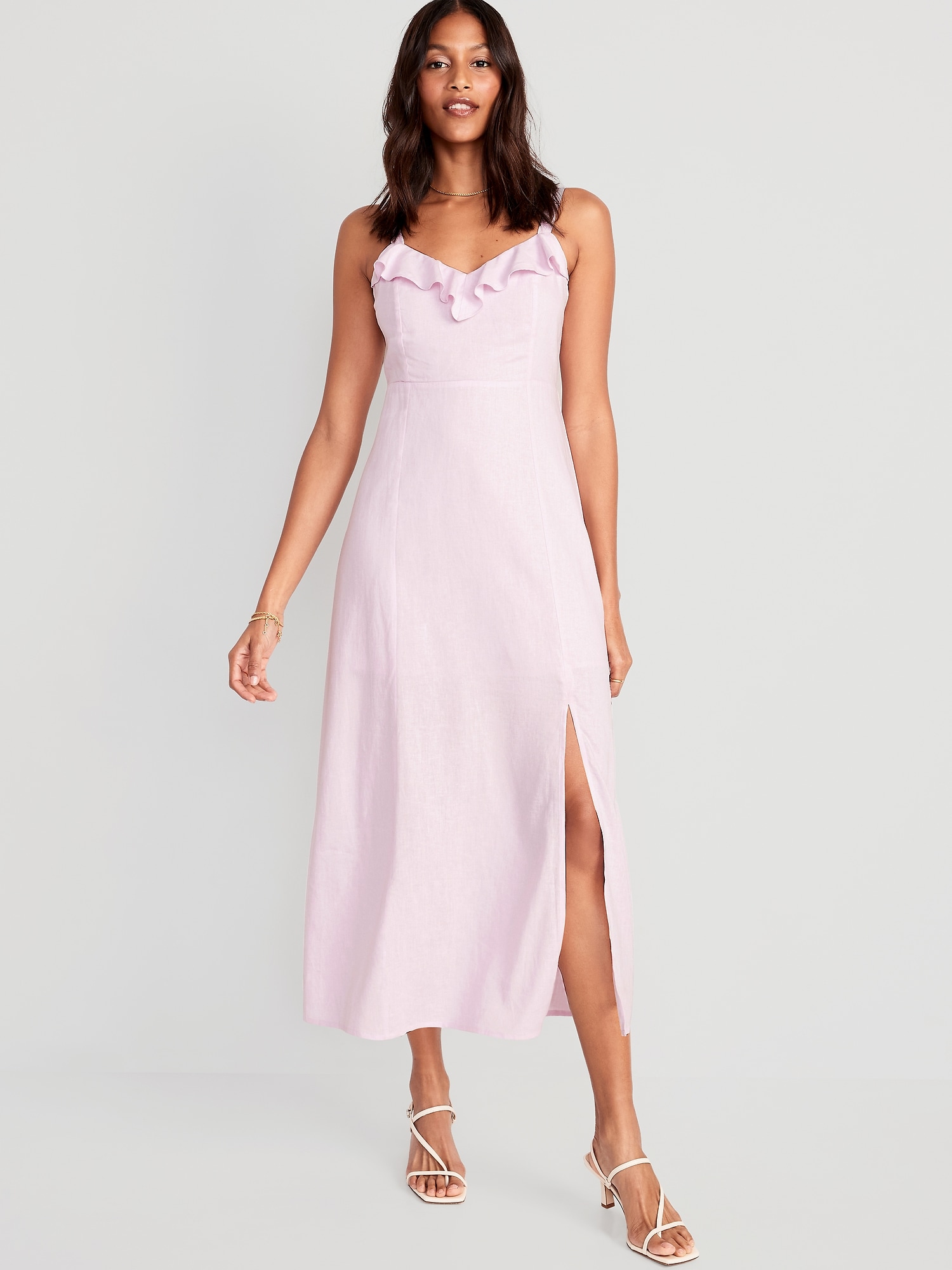 Old Navy Fit & Flare Linen-Blend Ruffle-Trimmed Maxi Cami Dress for Women pink. 1