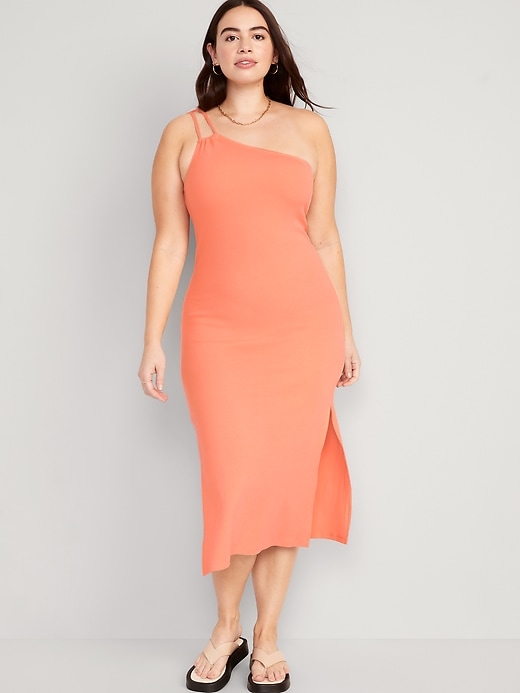 Image number 5 showing, Fitted One-Shoulder Double-Strap Rib-Knit Midi Dress