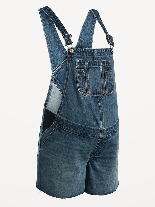 Image number 4 showing, Maternity Side-Panel Slouchy Non-Stretch Jean Cut-Off Shortalls -- 5-inch inseam