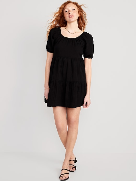 Image number 1 showing, Puff-Sleeve Tiered Mini Swing Dress
