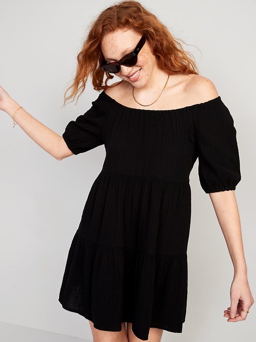 Image number 3 showing, Puff-Sleeve Tiered Mini Swing Dress