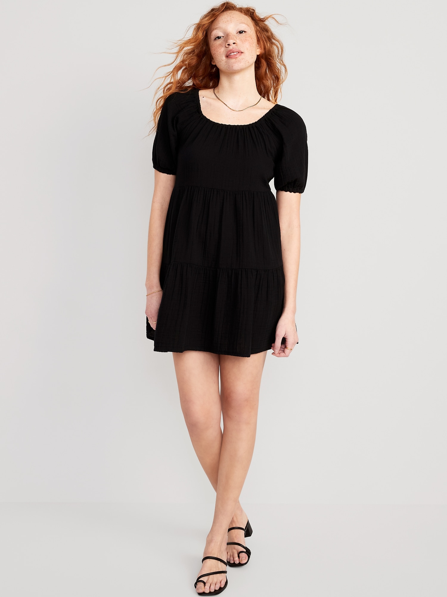 Old Navy Puff-Sleeve Tiered Mini Swing Dress for Women black. 1